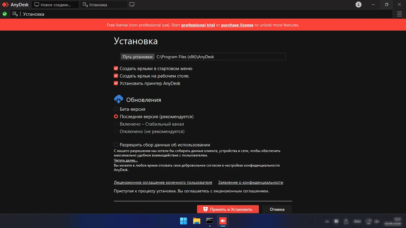 как установить AnyDesk — окно Установка: путь, ярлыки, принтер и обновления