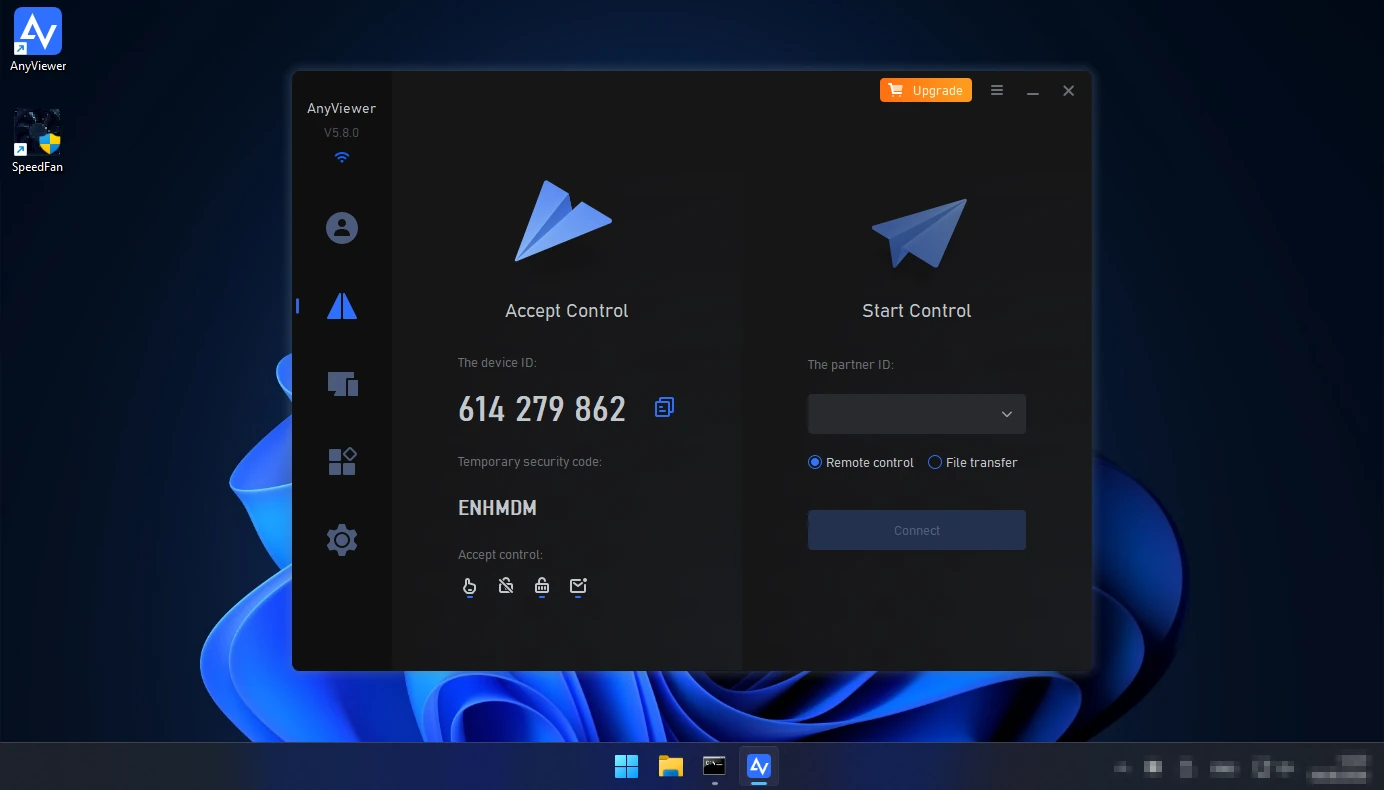 Главное окно AnyViewer 5.8.0: идентификатор устройства и временный код безопасности