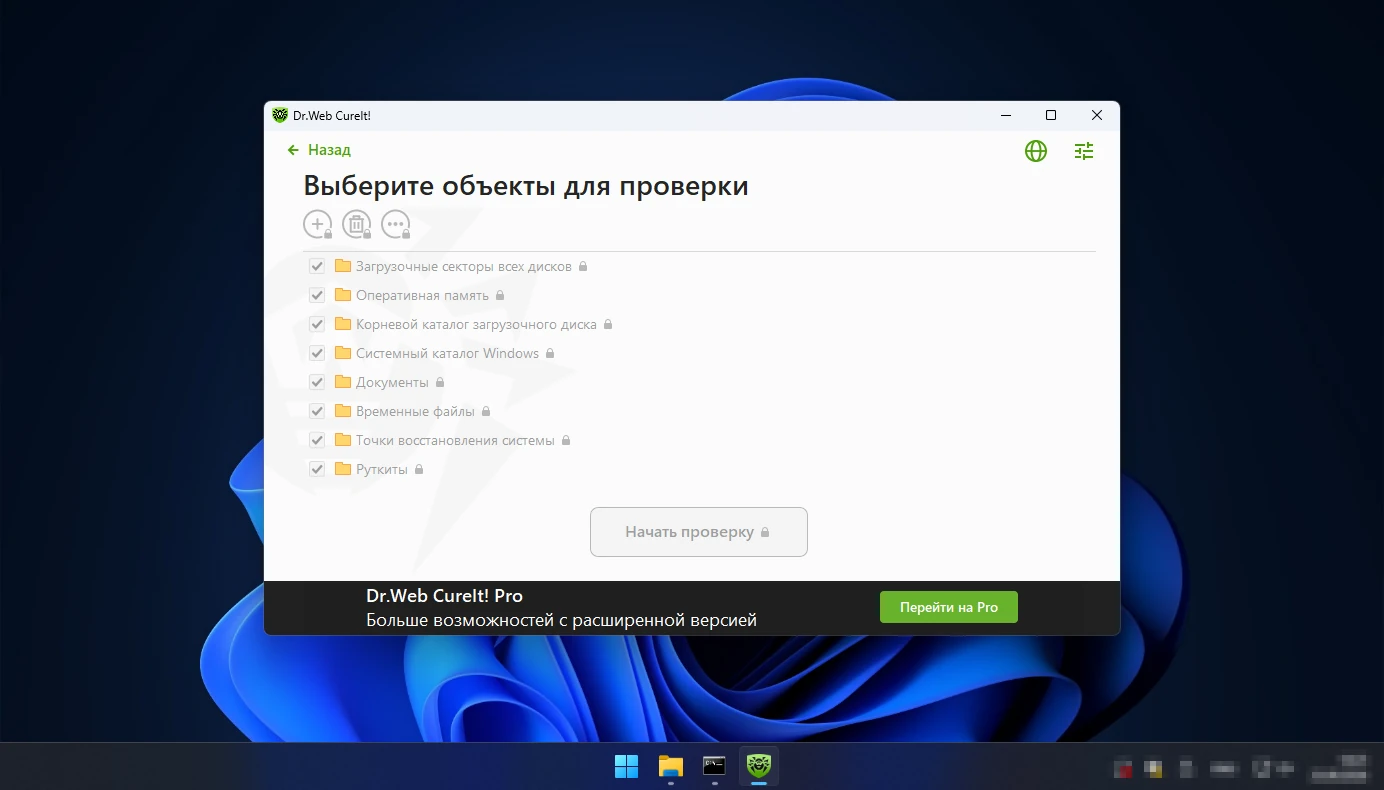 выбор объектов для проверки в Dr.Web CureIt — в бесплатной версии список закрыт замками
