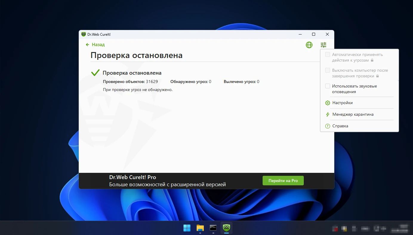 меню «Параметры» Dr.Web CureIt — настройки, менеджер карантина, справка