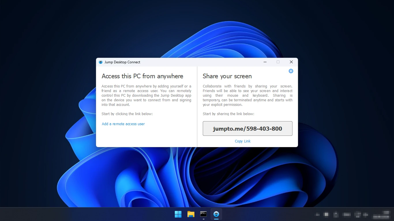 Jump Desktop Connect — окно: доступ к компьютеру из любого места и ссылка для показа экрана