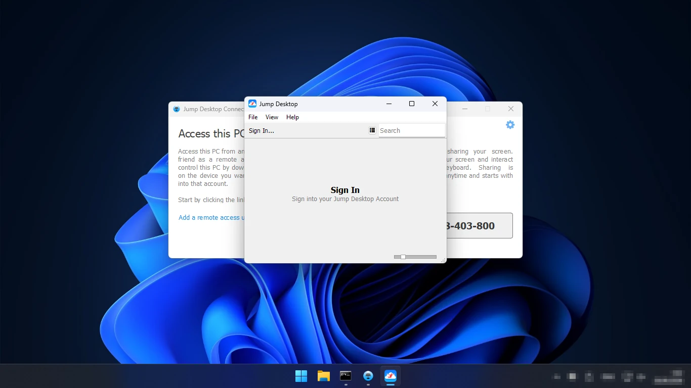 Jump Desktop для Windows — главное окно и вход в учётную запись