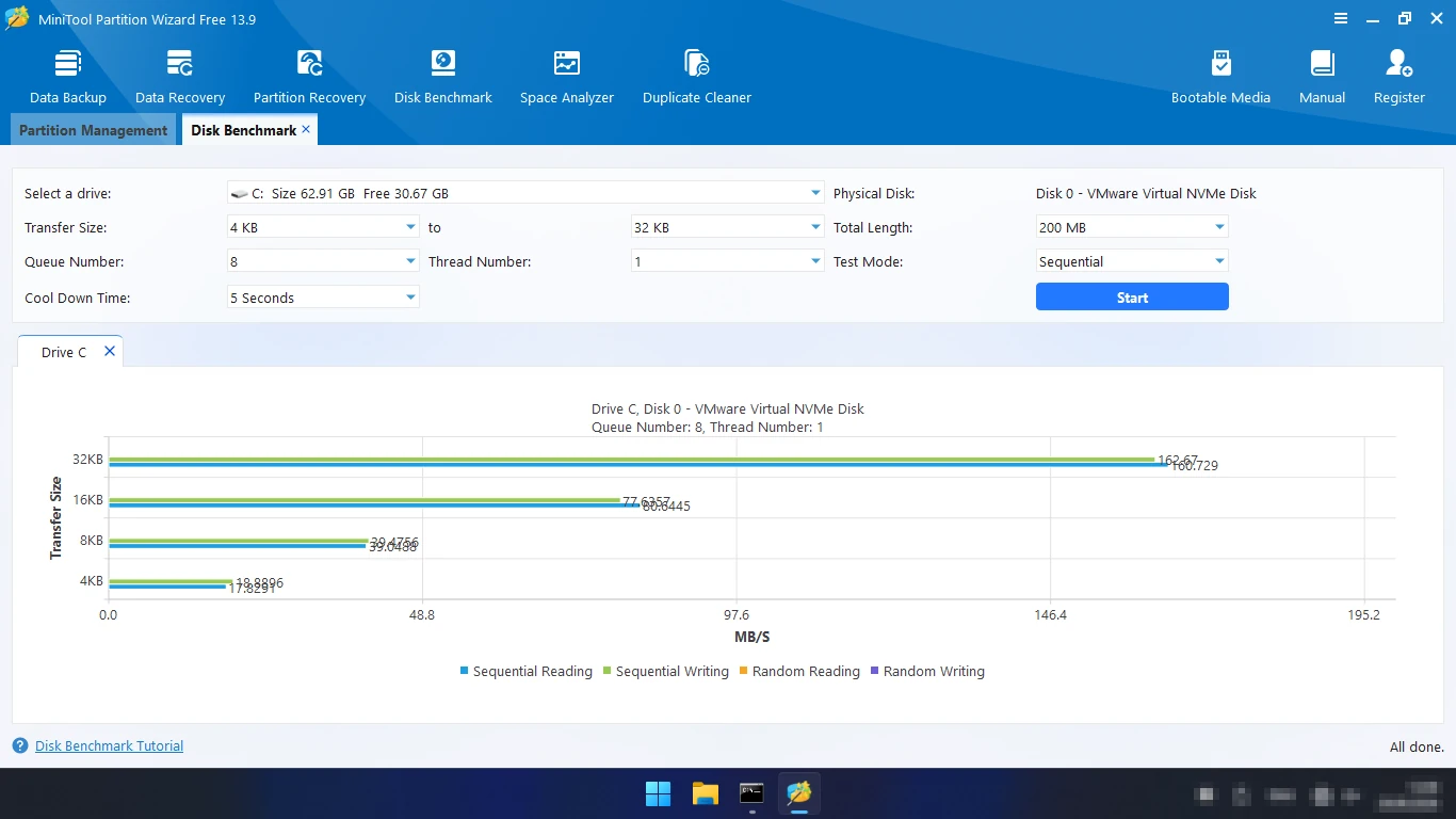 Тест скорости диска Disk Benchmark в MiniTool Partition Wizard