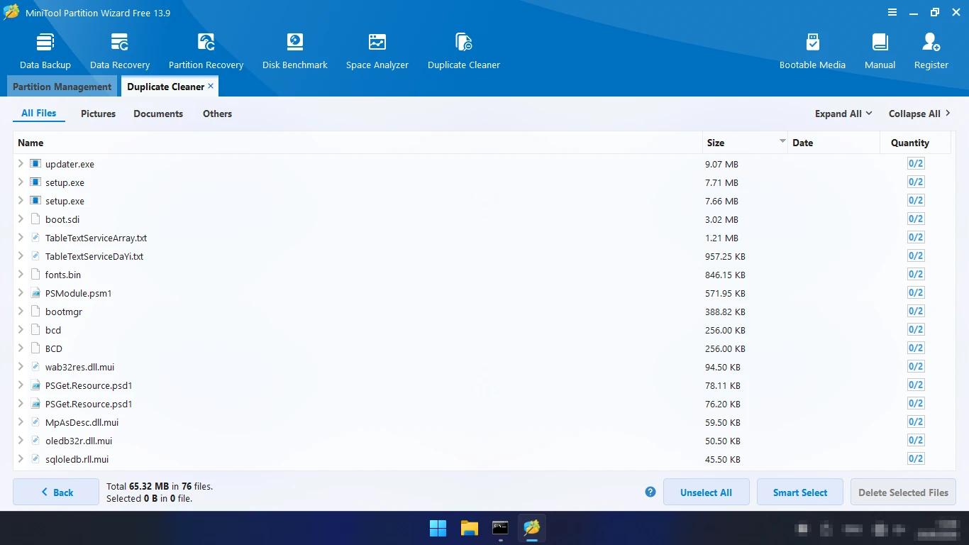 Поиск дубликатов файлов в MiniTool Partition Wizard — Duplicate Cleaner