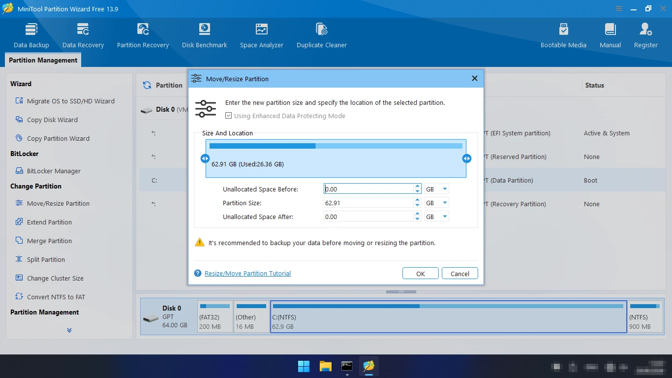 Изменение размера раздела в MiniTool Partition Wizard — диалог Move/Resize Partition