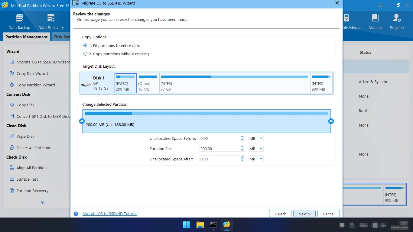 Перенос Windows на SSD в MiniTool Partition Wizard — разметка нового диска