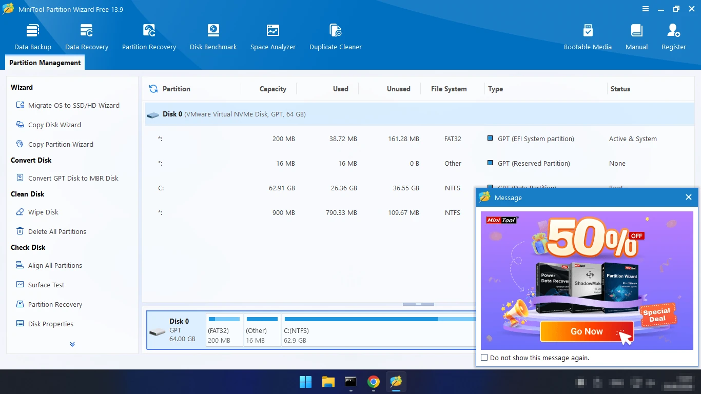 Реклама при запуске MiniTool Partition Wizard Free — окно Message со скидкой