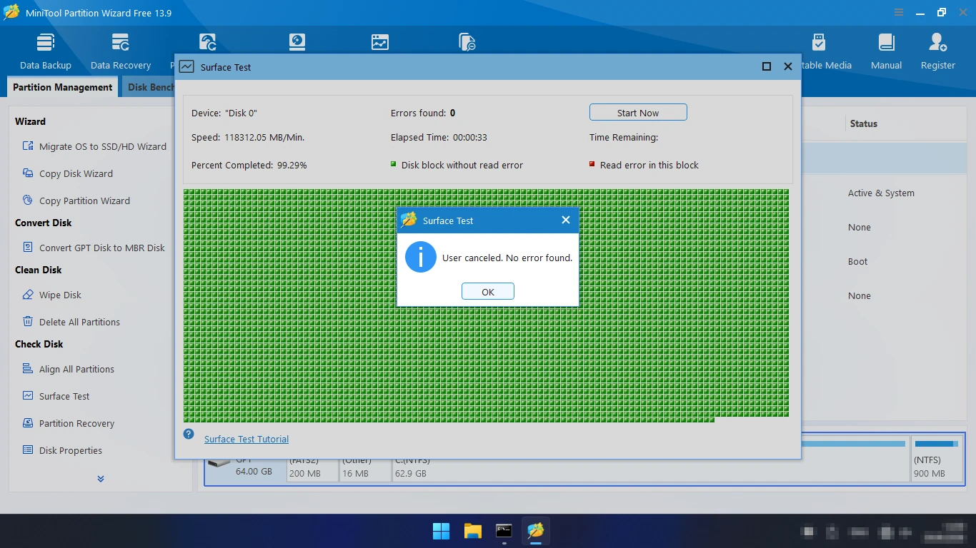Тест поверхности диска в MiniTool Partition Wizard — проверка без ошибок