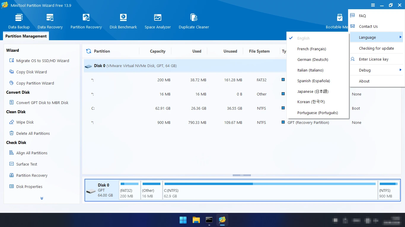 MiniTool Partition Wizard на русском — в списке языков программы русского нет