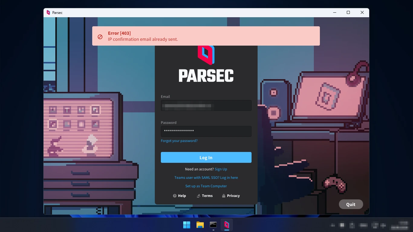 Parsec в России — сообщение Error 403 IP confirmation email already sent при входе с нового адреса