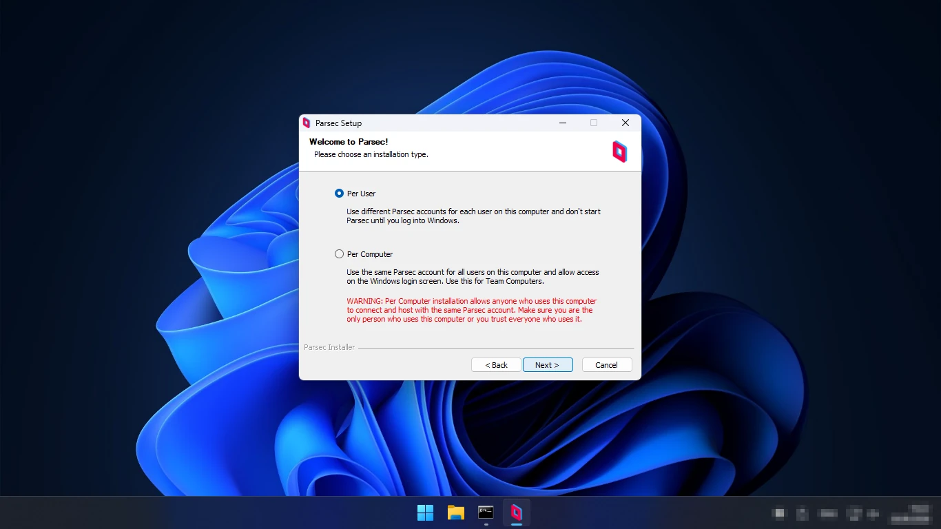 Установка Parsec для Windows — выбор Per User или Per Computer