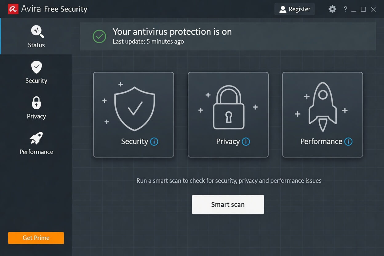 Главное окно Avira Free Security с индикатором защиты в реальном времени и статусом системы