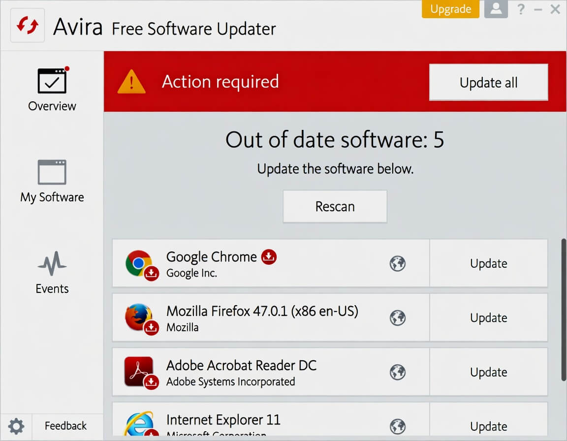 Список найденных устаревших программ в разделе Software Updater