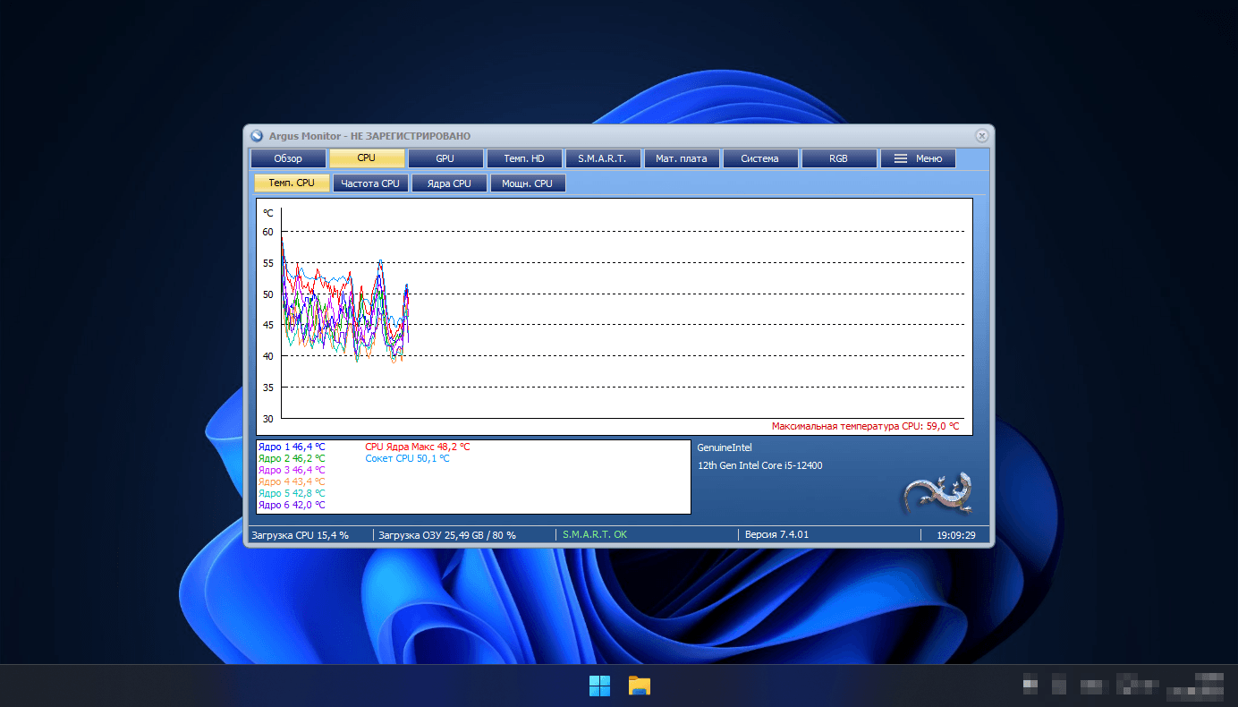 график температуры по каждому ядру CPU в интерфейсе Argus Monitor
